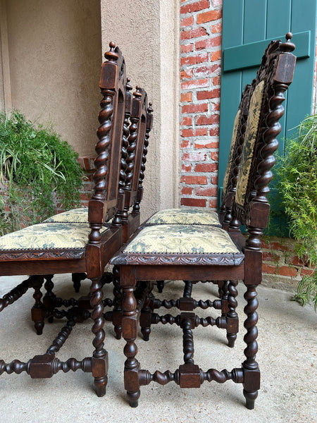 Set 4 Antique French Dining Chair Barley Twist Renaissance Carved Oak Green 1900