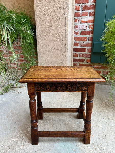 Antique English Footstool Bench Joint Stool Carved Oak Jacobean Stand c1900
