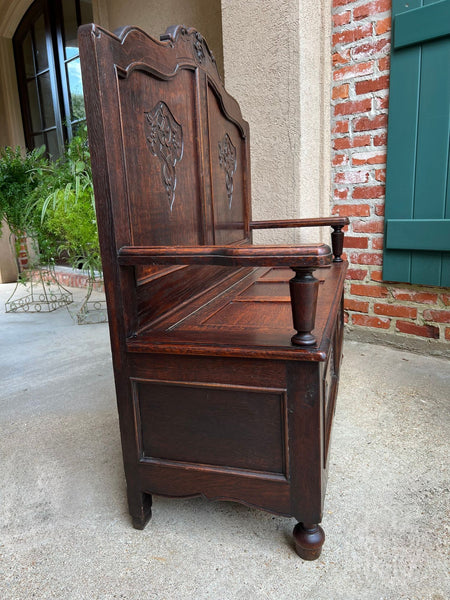 Antique French Louis XV Hall Bench Carved Oak Foyer Settee Lift Top Chest c1890