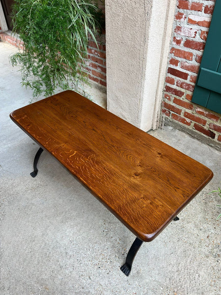 Antique French Coffee Table Bench Country Farmhouse Tiger Oak Wrought Iron c1920