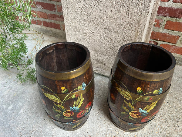PAIR Set Antique English Oak Barrel Jardinière Planter Rosemaling Hand Painted