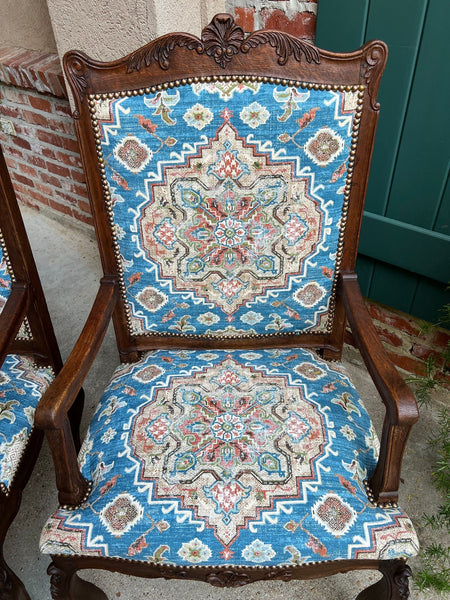 PAIR Antique French Dining Arm Chair Louis XV Carved Oak Blue Persian textile