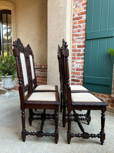 Set 4 Antique French Dining Chairs Renaissance Carved Oak Bird Black Forest
