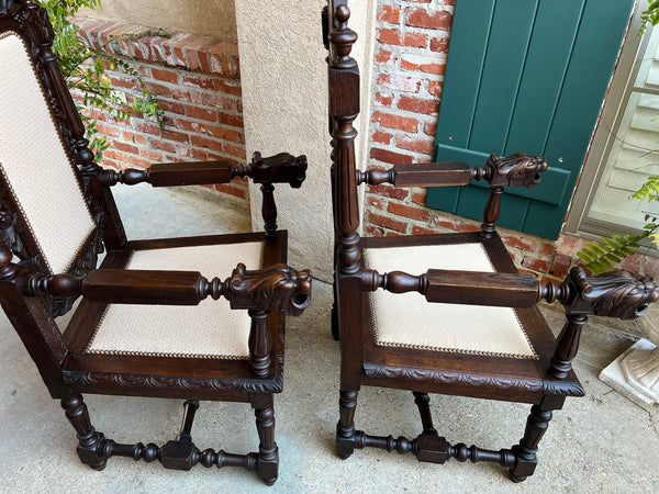 PAIR Antique French Arm Chair Dining Renaissance Carved Oak Bird Black Forest