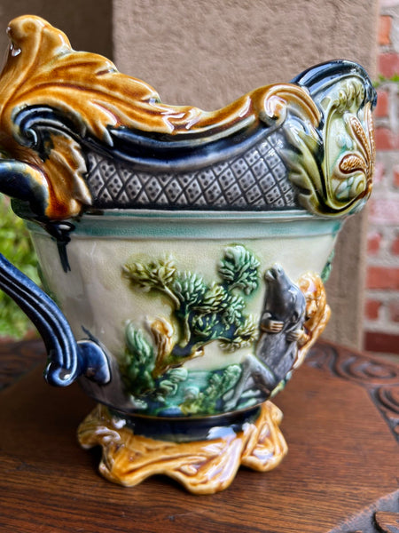 Antique French Majolica Jardinière Onnaing Tiger Monkey Jungle Cache Pot Planter