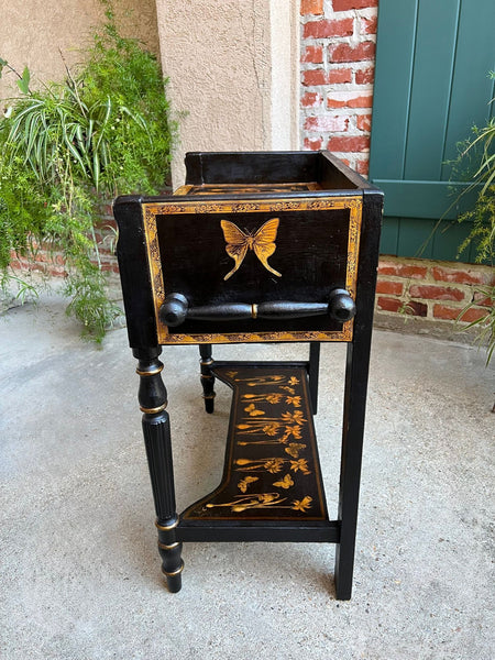 Antique English Sofa Side Table Decoupage Botanical Floral Black Gold c1890