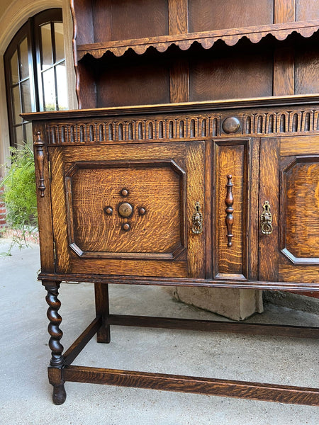 Antique English Welsh Dresser Sideboard Barley Twist Carved Tiger Oak Farmhouse