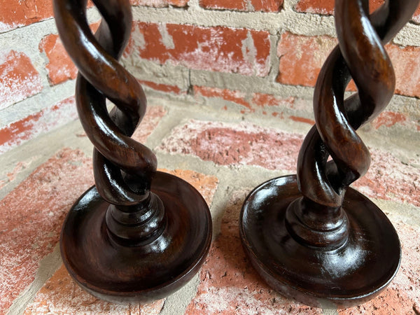 PAIR Set Antique English Oak OPEN Barley Twist Candlesticks Candle Holder Brass