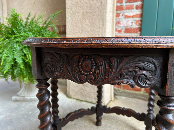 Antique French ROUND Side Center Table BARLEY TWIST Carved Oak Renaissance c1900