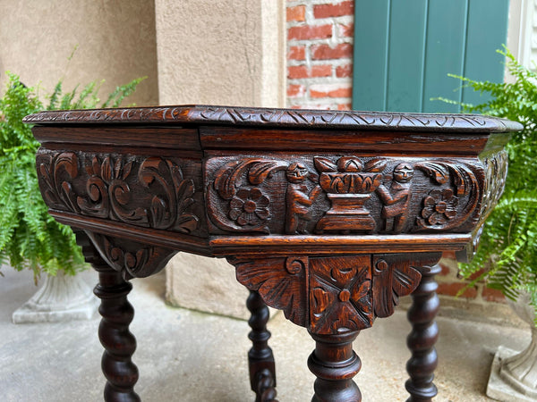 Antique French Octagon Sofa Table Carved Oak Barley Twist Louis XIII Renaissance