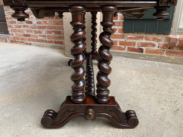 Antique French Console Sofa Table Carved Oak Barley Twist Desk Renaissance c1890