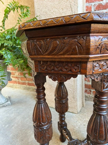 Petite Antique French Octagon Side TABLE Renaissance Carved Oak c1900