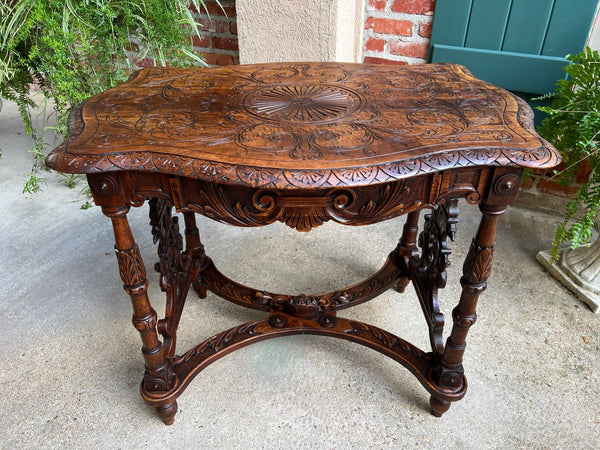 Antique French Sofa Hall Table Carved Oak Renaissance Revival Cherub End Table