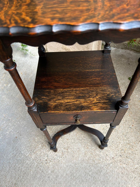 Antique English End Table SQUARE PETITE Jacobean Oak Two Tier c1900