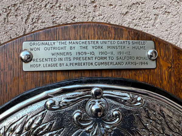 Antique English Dart Game Trophy Award Shield Oak Plaque Silver Plate c1909