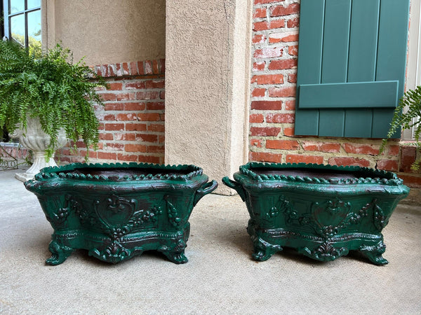 PAIR Antique French Cast Iron Jardiniere Large Footed Cache Pot Planter c1880