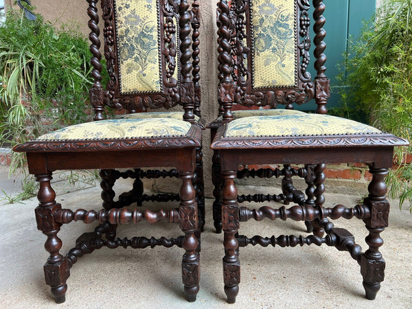 Set 4 Antique French Dining Chair Barley Twist Renaissance Carved Oak Green 1900