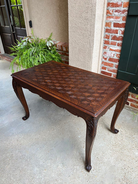 Antique French Sofa Side Table Writing Desk Louis XV Carved Oak Parquet Top