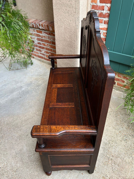 Antique French Louis XV Hall Bench Carved Oak Foyer Settee Lift Top Chest c1890
