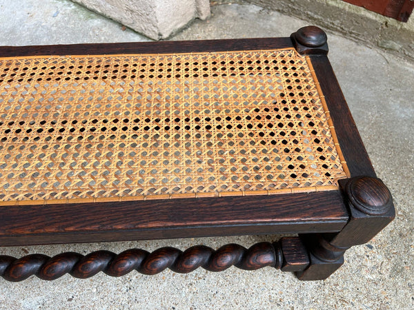 Antique English Barley Twist Stool Bench Oak Cane Jacobean Ottoman c1920
