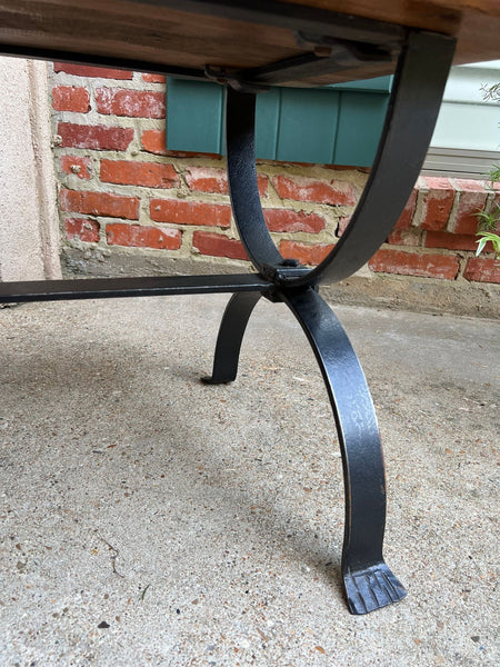 Antique French Coffee Table Bench Country Farmhouse Tiger Oak Wrought Iron c1920