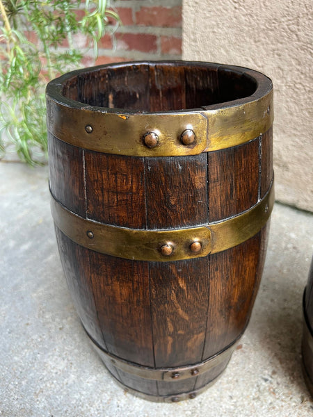 PAIR Set Antique English Oak Barrel Jardinière Planter Rosemaling Hand Painted