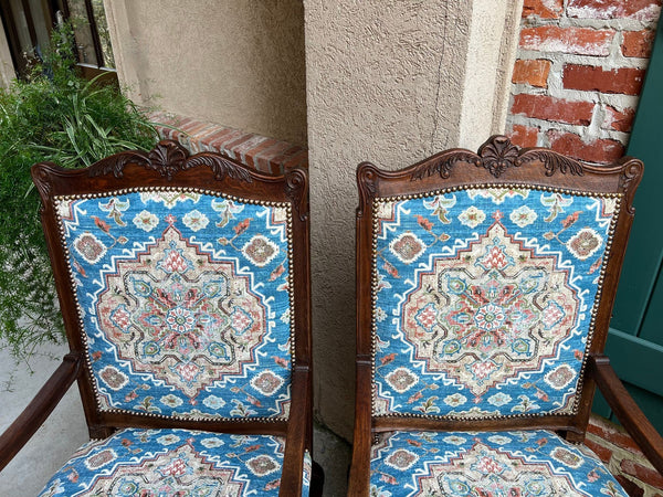 PAIR Antique French Dining Arm Chair Louis XV Carved Oak Blue Persian textile