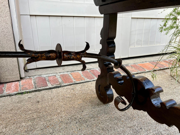 Antique French Oak Dining Table Catalan Trestle 7 ft. Farmhouse Plank Top c1890