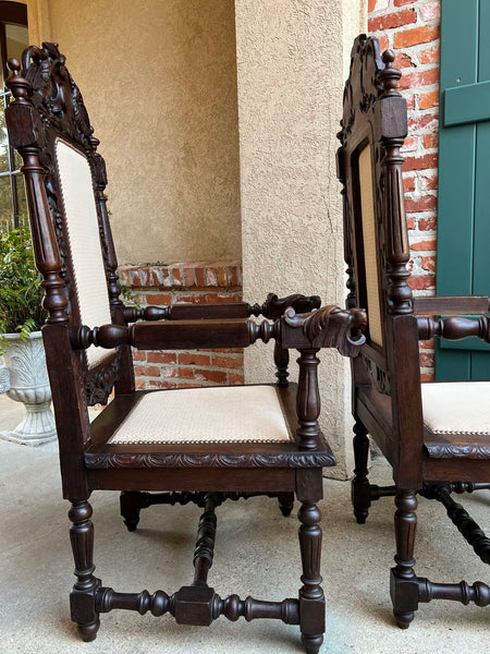PAIR Antique French Arm Chair Dining Renaissance Carved Oak Bird Black Forest
