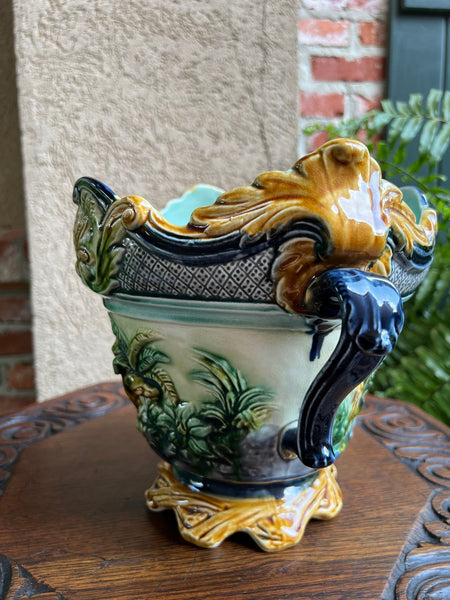 Antique French Majolica Jardinière Onnaing Tiger Monkey Jungle Cache Pot Planter