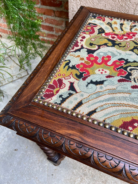 Antique French Sofa Table Writing Desk Barley Twist Carved Renaissance Tapestry
