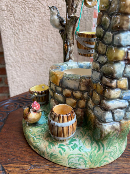Antique French Majolica Bird Wishing Well Flower Holder Cache Pot Jerome Massier