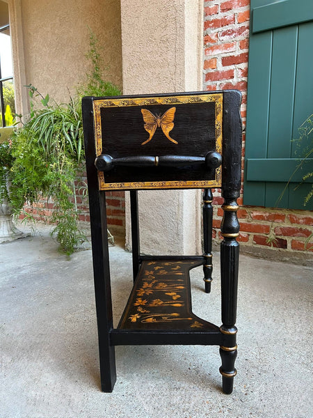 Antique English Sofa Side Table Decoupage Botanical Floral Black Gold c1890