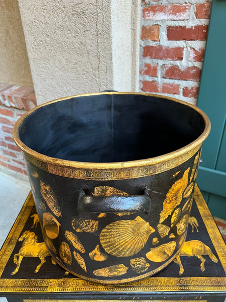 LARGE Antique English Planter Cachepot Black Metal Lacquer SHELL Decoupage c1890