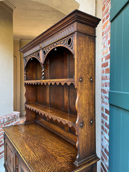 Antique English Welsh Dresser Sideboard Barley Twist Carved Tiger Oak Farmhouse