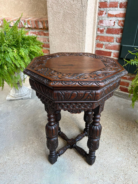 PETITE Antique French Octagon Center Side TABLE Side End Renaissance Carved Oak