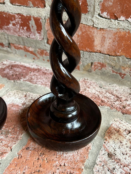 PAIR Set Antique English Oak OPEN Barley Twist Candlesticks Candle Holder Brass