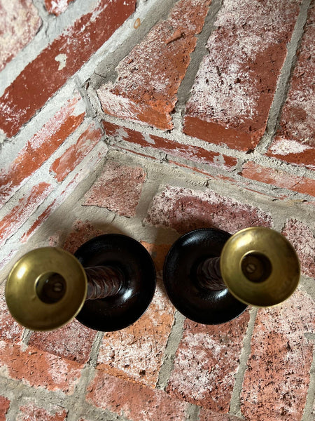 PAIR Set Antique English Oak OPEN Barley Twist Candlesticks Candle Holder Brass