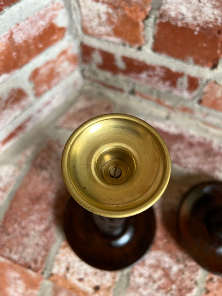 PAIR Set Antique English Oak OPEN Barley Twist Candlesticks Candle Holder Brass