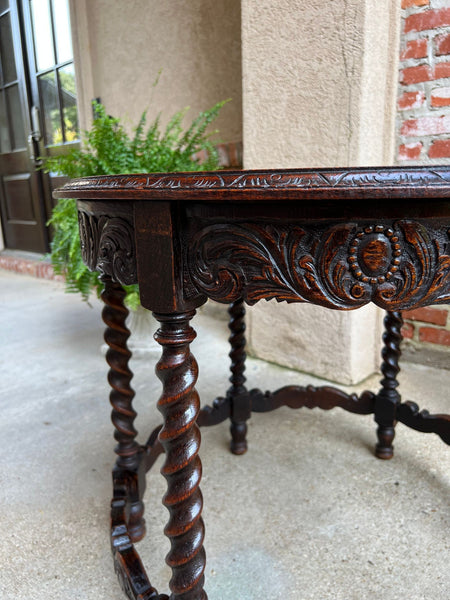 Antique French ROUND Side Center Table BARLEY TWIST Carved Oak Renaissance c1900