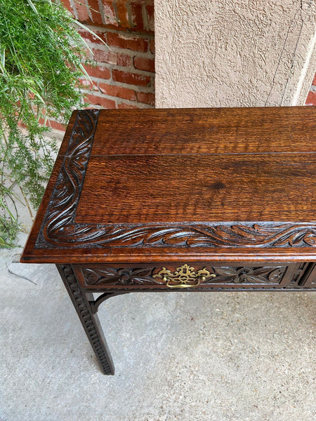 Antique English Sofa Console Table Jacobean Carved Oak Foyer Table c1890