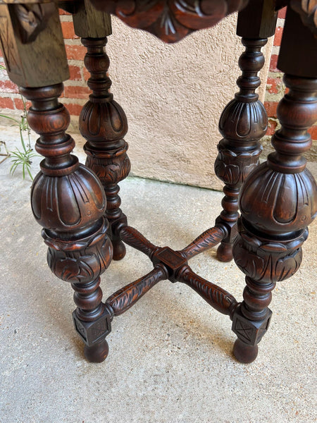 PETITE Antique French Octagon Center Side TABLE Renaissance Carved Oak c1890