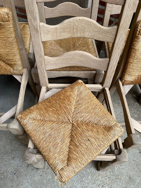 Set 6 Vintage French Ladder Back Dining Chairs Rush Seat Bleached Oak Farmhouse