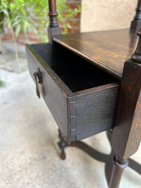 Antique English End Table SQUARE PETITE Jacobean Oak Two Tier c1900