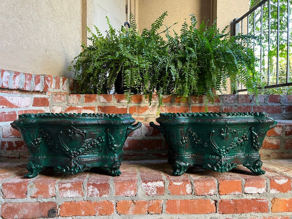 PAIR Antique French Cast Iron Jardiniere Large Footed Cache Pot Planter c1880