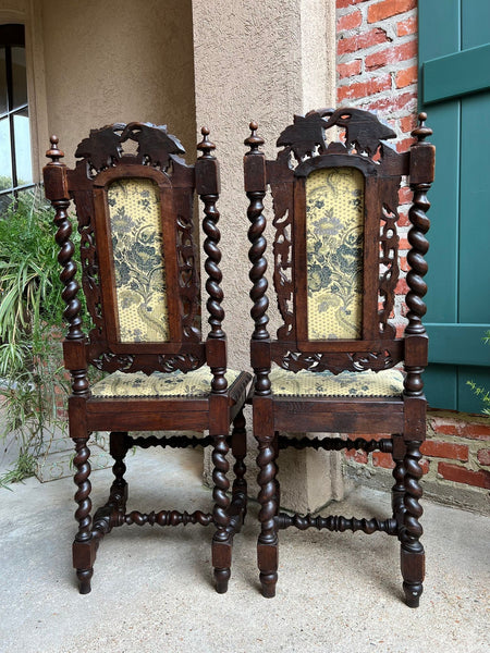 Set 4 Antique French Dining Chair Barley Twist Renaissance Carved Oak Green 1900