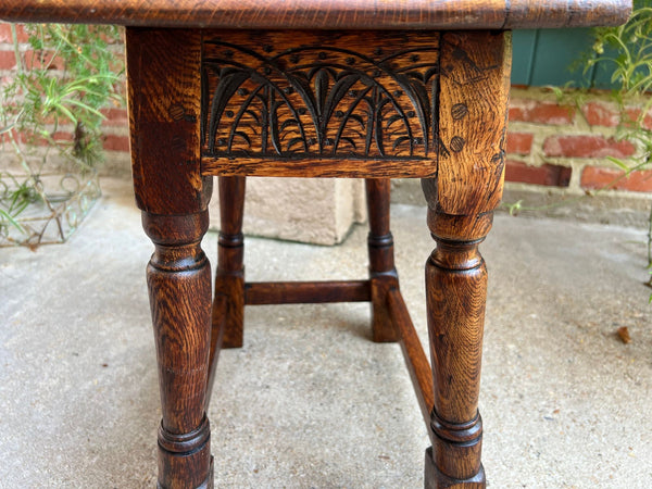 Antique English Footstool Bench Joint Stool Carved Oak Jacobean Stand c1900