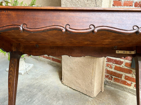 Antique French Sofa Side Table Writing Desk Louis XV Carved Oak Parquet Top