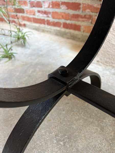 Antique French Coffee Table Bench Country Farmhouse Tiger Oak Wrought Iron c1920