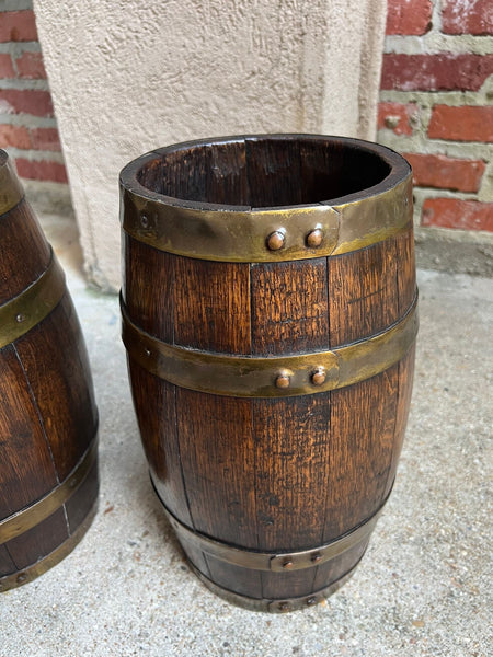 PAIR Set Antique English Oak Barrel Jardinière Planter Rosemaling Hand Painted
